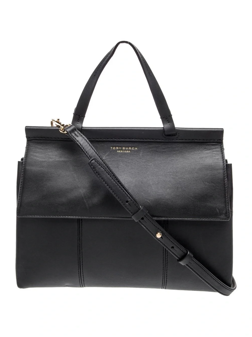 TORY BURCH Black Smooth Leather Block T Satchel Bag With Strap